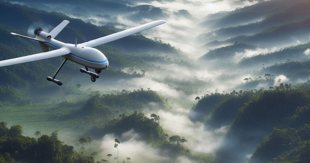 Unmanned airplane-type drone equipped with lidar flying over jungles