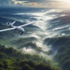 Unmanned airplane-type drone equipped with lidar flying over jungles